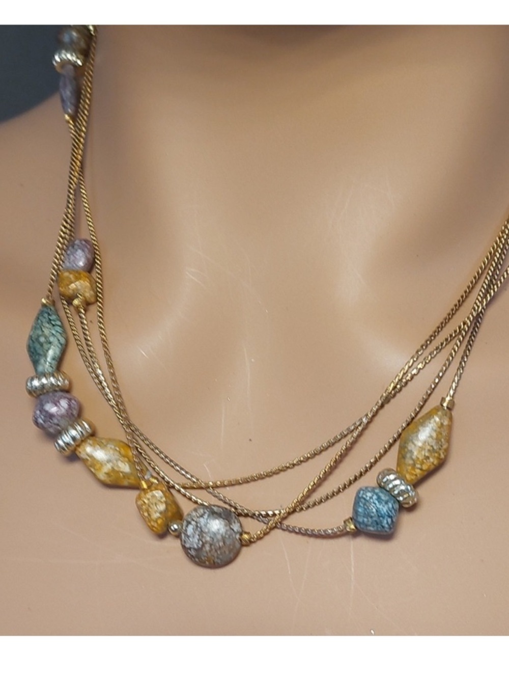 Multi-Color Stone Long Necklace - Gold Chains